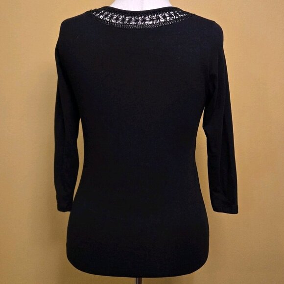 Jones New York Womens Large Crochet Top Blouse Black Bohemian Small 3/4 Sleeve - Picture 2 of 10